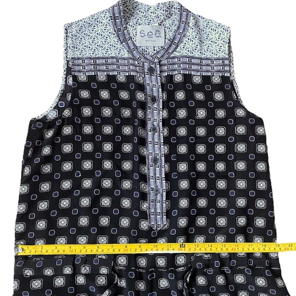 Sea New York 100% Silk Boho Geometric Navy Cream Sleeveless Romper Button Front - Picture 9 of 11